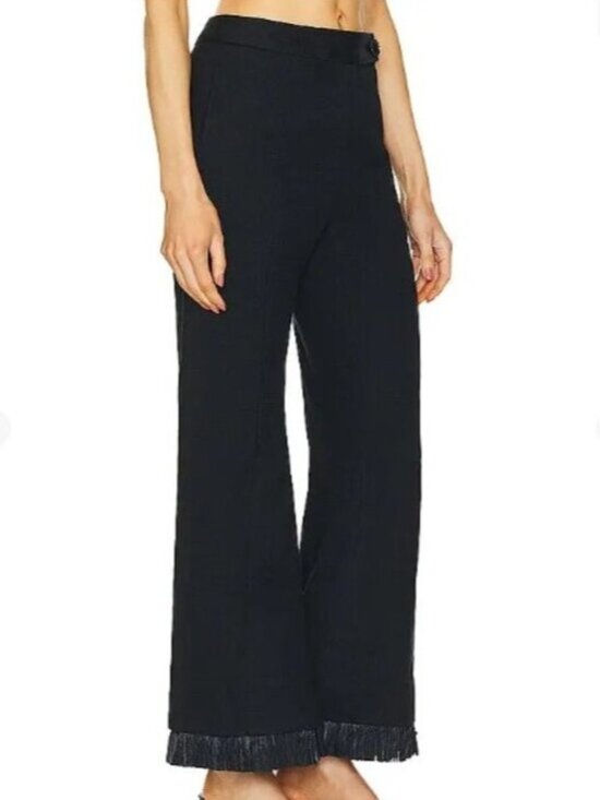 CLEA Parker Trouser Black S NWT Fringe Hem Kick Flare Cotton Linen Pintuck - Picture 4 of 16